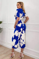 Blue And Cream Floral Printed Butterfly Sleeve Belted Jumpsuit
