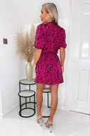 Pink And Black Printed V Neck Mini Dress With Elasticated Cuffs