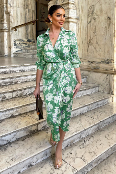 Green Floral Wrap Shirt Midi Dress AX Paris Green Floral Wrap Shirt Midi Dress AX Paris