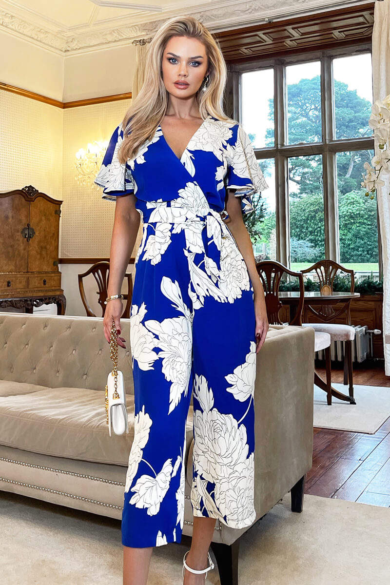 Blue And Cream Floral Printed Butterfly Sleeve Belted Jumpsuit