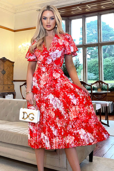 red patterned dress Red Floral Printed Pleated Midi Dress – AX Paris