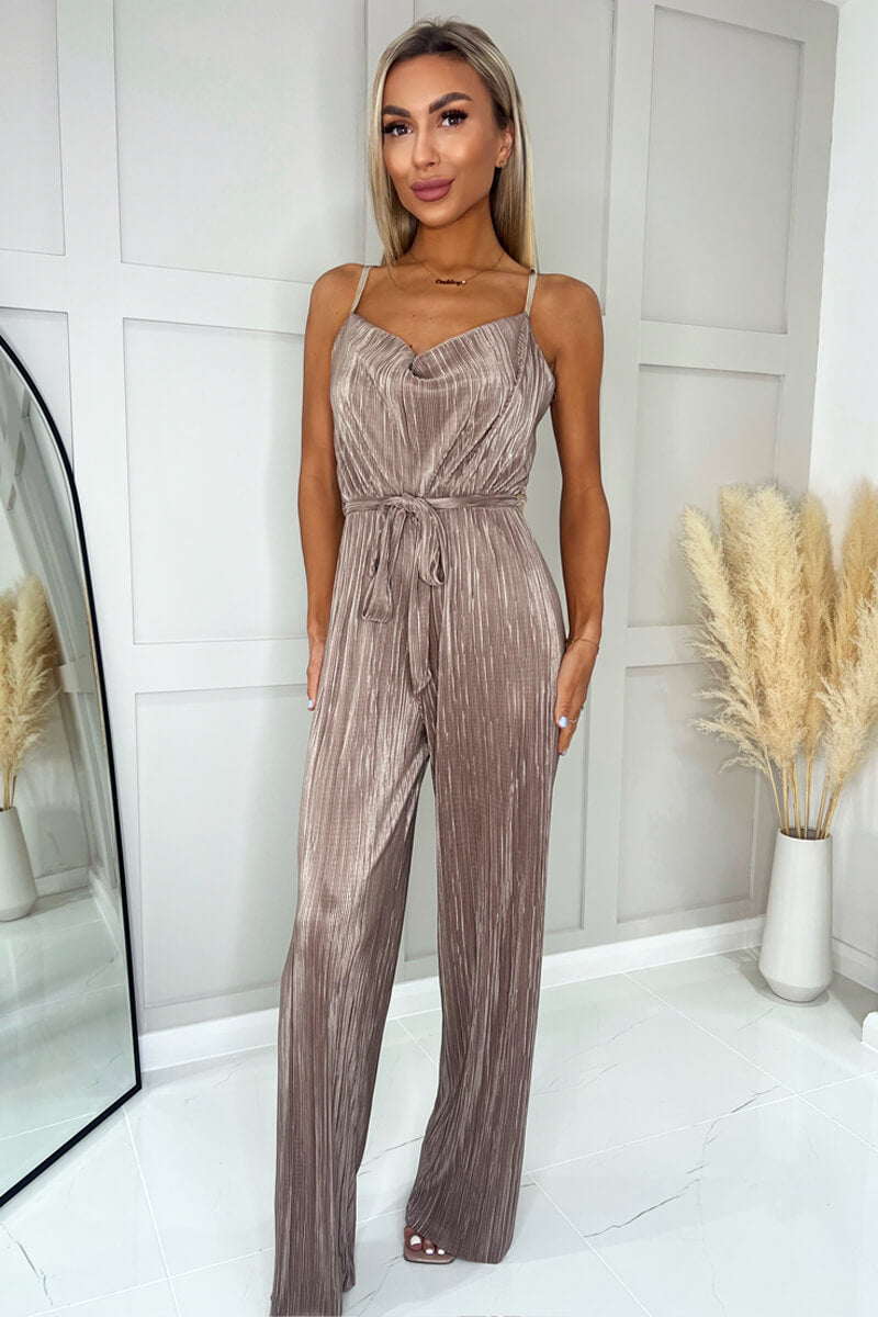 Taupe Plisse Cowl Neck Jumpsuit