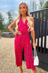 Pink And Red Floral Printed Tie Front Jumpsuit