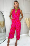 Pink And Red Floral Printed Tie Front Jumpsuit
