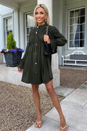 Olive Long Sleeve Gathered Detail Button Front Dress