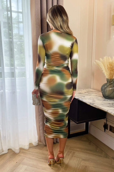 khaki midi bodycon dress Khaki Printed Long Sleeve Ruched Bodycon Midi Dress – AX Paris