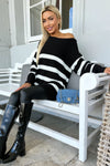 Black And Cream Stripe Knitted Off The Shoulder Jumper