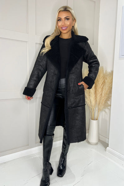 Black Longline Faux Shearling Coat – AX Paris