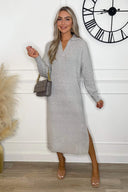 Grey Knit Long Sleeve Collared Midi Dress
