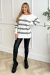 Cream And Grey Stripe Knitted Off The Shoulder Jumper