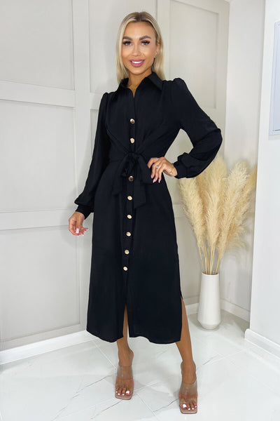 slim fit dress slacks Black Satin Belted 3/4 Sleeve Gold Buttons Shirt Midi Dress – AX Paris
