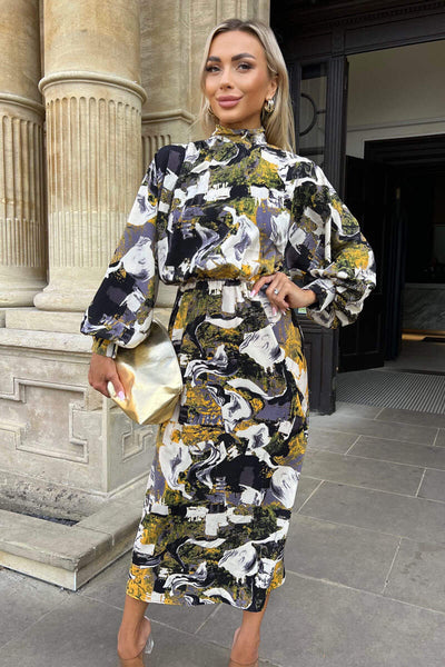 Multi Printed High Neck Balloon Sleeve Midi Dress AX Paris Multi Printed High Neck Balloon Sleeve Midi Dress AX Paris