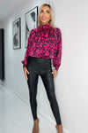 Cerise and Black Print High Neck Long Sleeve Top