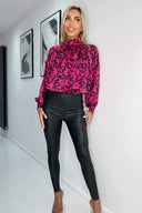 Cerise and Black Print High Neck Long Sleeve Top