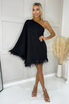 Black One Shoulder Batwing Sleeve Faux Feather Hem Dress