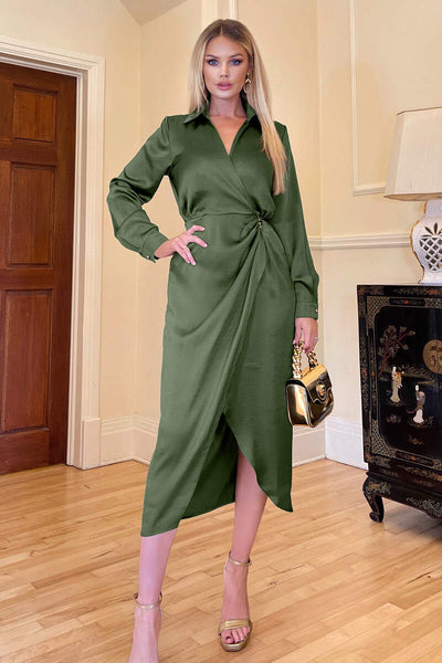 olive green satin shirt dress Olive Silk Shirt Dress – Atelier Pichita main image 0