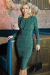 Teal Glitter Long Sleeve Ruched Bodycon Dress
