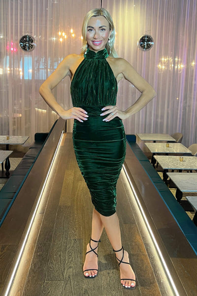 green velvet halter dress Velvet Halter Dress: Elegant High Slit and Ruffle Detailing  Canary Houze