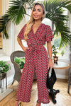 Red Floral Printed Butterfly Sleeve Belted Jumpsuit