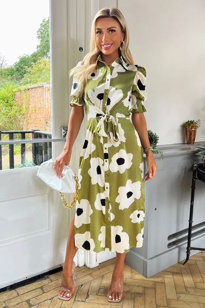 Olive Bold Floral Print Midi Shirt Dress AX Paris