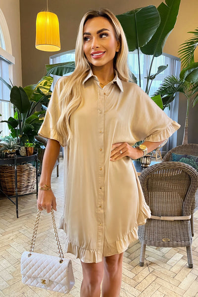 Stone Frill Detail Gold Button Front Shirt Dress  AX Paris