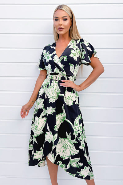 slim fit dress slacks Multi Green And Black Floral Printed Short Sleeve Belted Wrap Midi Dre – AX  Paris