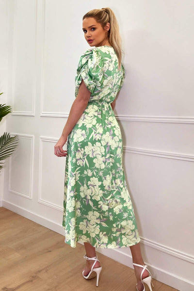 Green Floral Printed Short Puff Sleeve Gathered Side Midi Dress – AX Paris