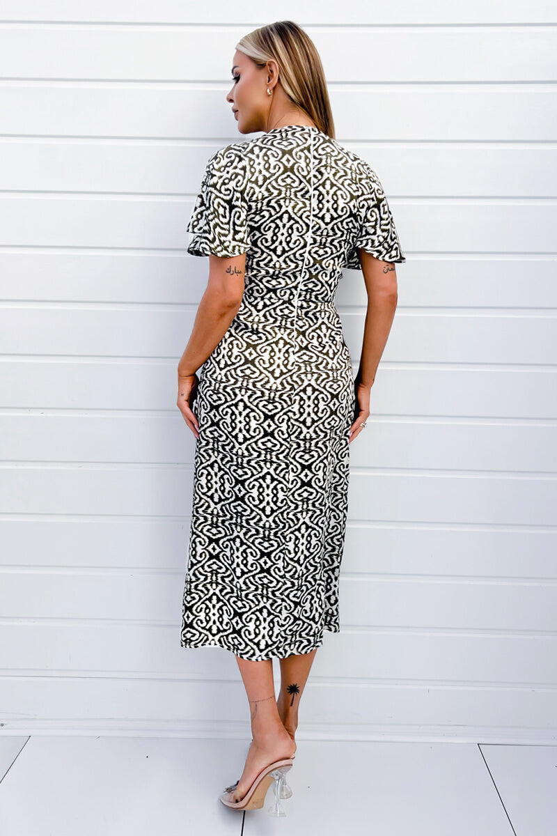 Khaki Printed Bell Sleeve Midi Dress