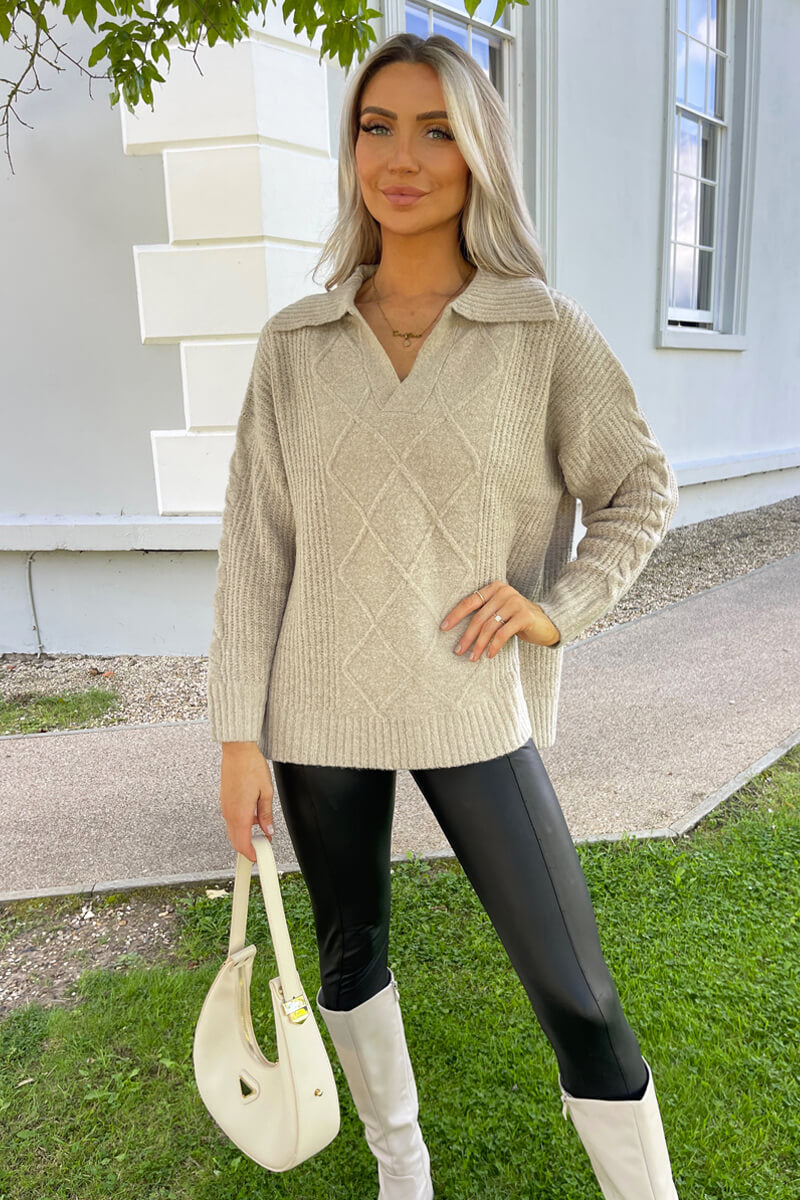 Oatmeal Collared Cable Knit Jumper