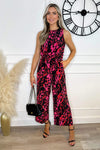 Pink And Black Printed Sleeveless Knot Front Jumpsuit