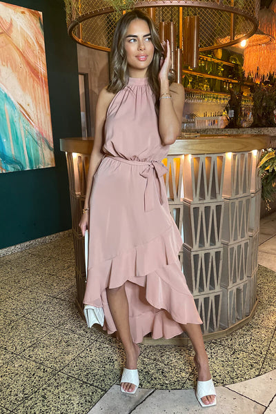 Blush Halterneck Dipped Hem Midi Dress – AX Paris