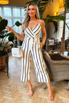 Cream And Navy Striped Wrap Top Tie Waist Jumpsuit