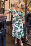 Cream and Green Printed Elasticated Waist Bardot Midi Dress