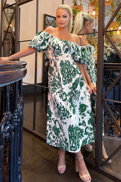 Cream and Green Printed Elasticated Waist Bardot Midi Dress – AX Paris