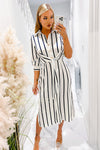 Cream And Navy Striped Button Up 3/4 Sleeve Midi Dress