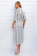 Cream And Navy Striped Button Up 3/4 Sleeve Midi Dress