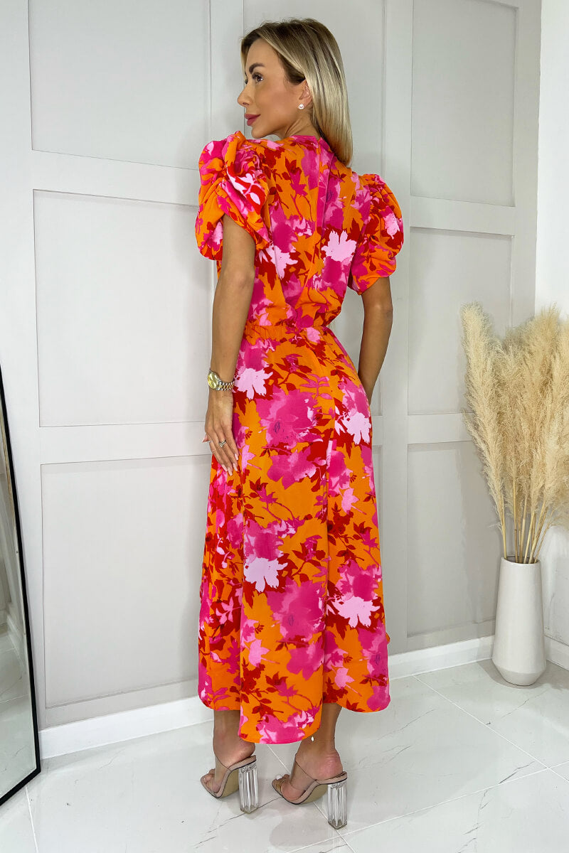 Pink And Orange Floral Printed Short Puff Sleeve Gathered Side Midi Dress