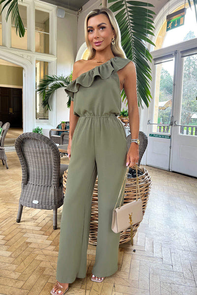 Khaki Frill One Shoulder Jumpsuit – AX Paris