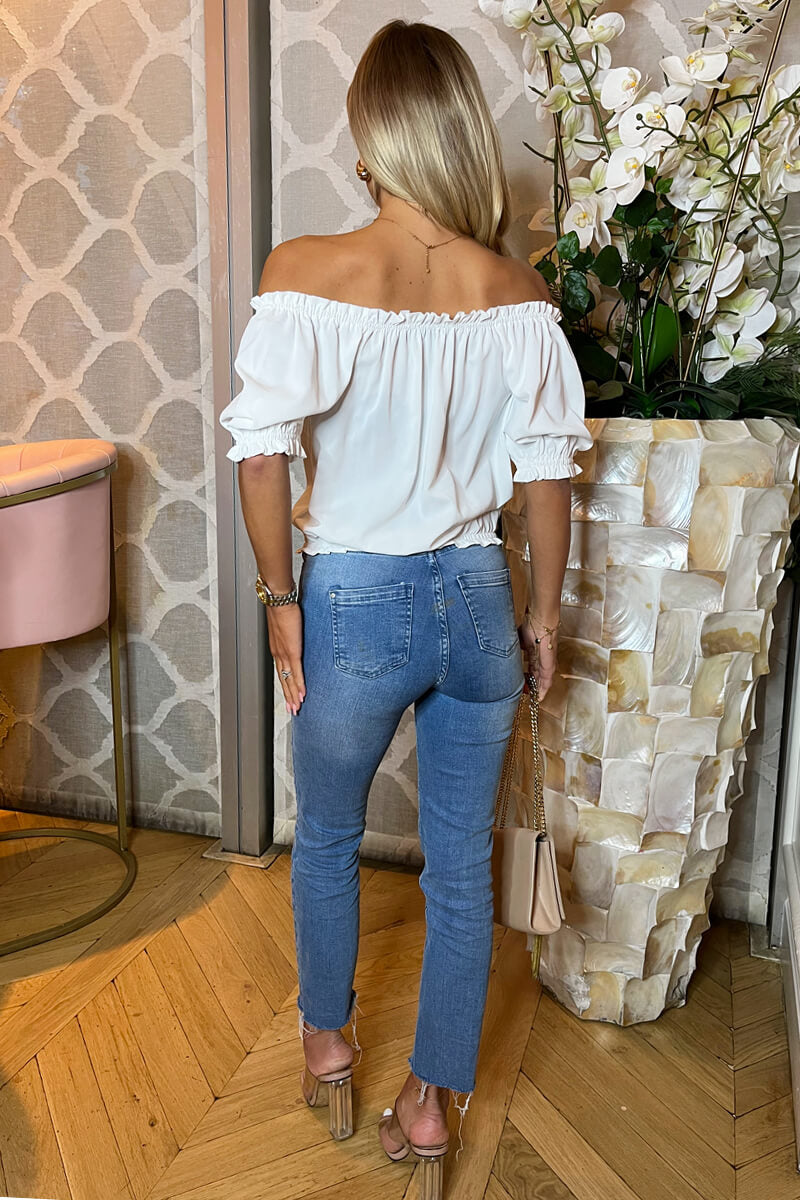 Cream Elasticated Off The Shoulder Frill Detail Top