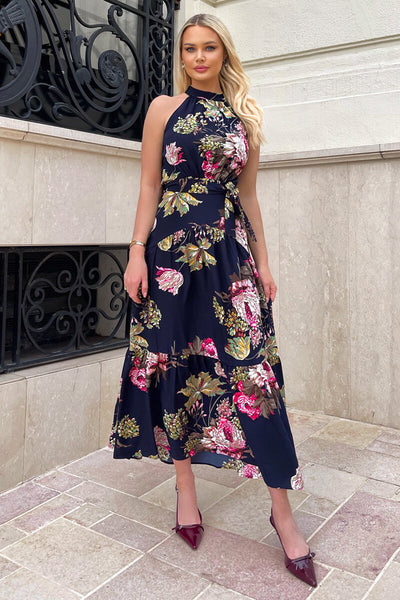 Navy Floral Printed High Neck Tie Belt Midi Dress – AX Paris