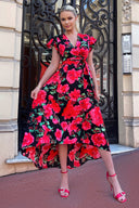 Red Floral Print Short Sleeve Belted Wrap Midi Dress