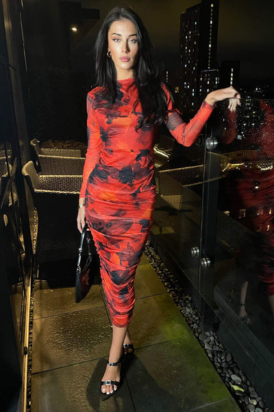 Red Printed Mesh Long Sleeve Bodycon Midi Dress AX Paris Red Printed Mesh Long Sleeve Bodycon Midi Dress AX Paris