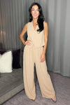 Stone Wide Leg Trousers With Elasticated Waist