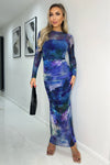 Blue Printed Mesh Overlay Long Sleeve Bodycon Midi Dress