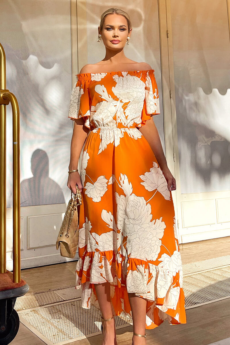 Blood Orange Printed Bardot Style Midi Dress