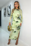 Lime Printed Mesh Overlay Long Sleeve Bodycon Midi Dress