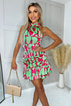 Multi Abstract Print High Neck Ruched Mini Dress