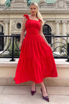 Red Frill Strap Tiered Midi Dress