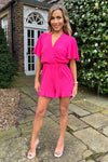 Pink Butterfly Sleeve Wrap Top Tie Waist Playsuit