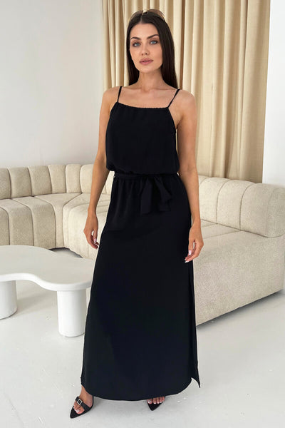 black strappy tie waist fishtail midi dress Black Tie Waist Strappy Split Leg Midi Dress – AX Paris